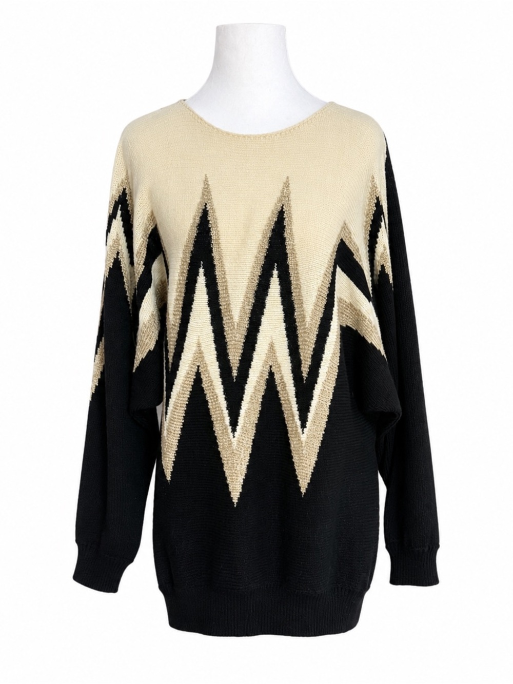Vintage Cezanne Sweater Womens Large Black Ivory Gold Metallic Chevron 80s Knit‎